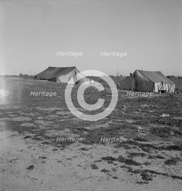 Migrants' tents...the right of way of the Southern Pacific, near Fresno, California, 1939. Creator: Dorothea Lange.