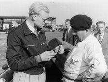 Mike Hawthorn with a model car, c1953-c1958