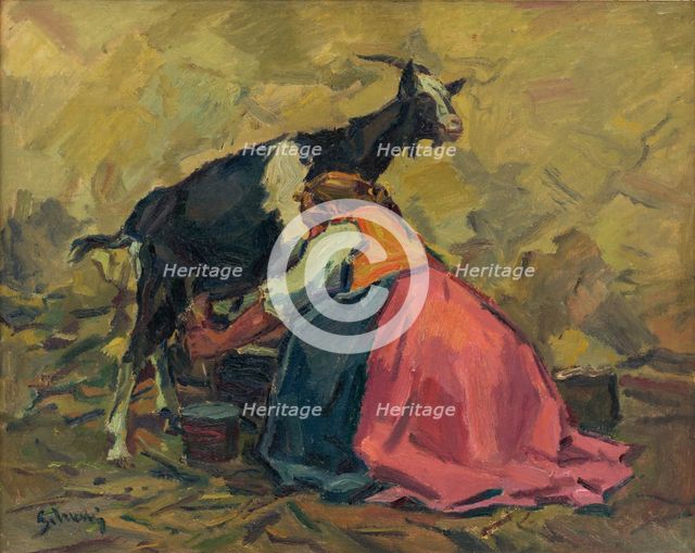 Milking, around 1937. Creator: Gustav Mally.