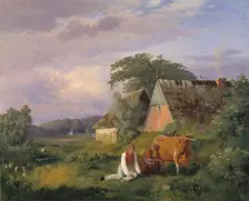 Milking scene. Illustrating a poem by Christian Winther, 1841. Creator: Johan Thomas Lundbye