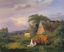 Milking scene. Illustrating a poem by Christian Winther, 1841. Creator: Johan Thomas Lundbye