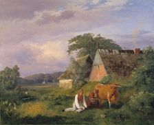 Milking scene. Illustrating a poem by Christian Winther, 1841. Creator: Johan Thomas Lundbye