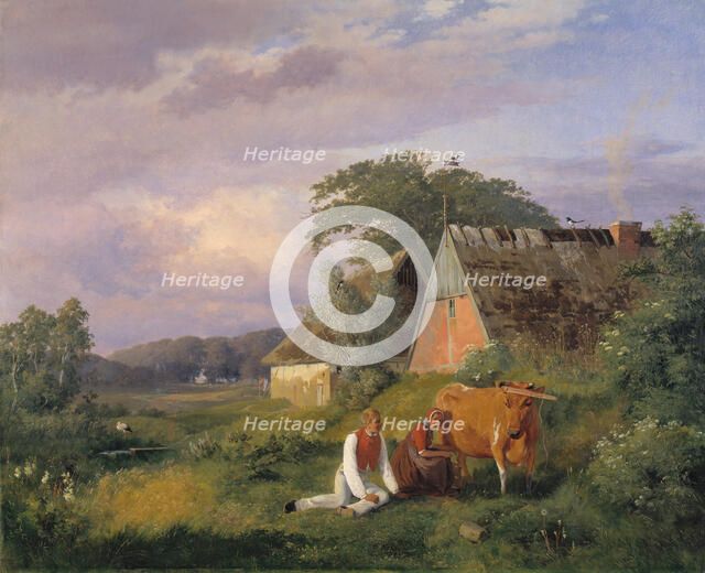 Milking scene. Illustrating a poem by Christian Winther, 1841. Creator: Johan Thomas Lundbye.