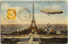 Military airship from the Chalais-Meudon park flying near the Eiffel Tower, 1908. Artist: Anonymous