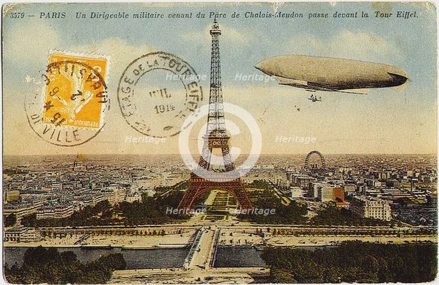 Military airship from the Chalais-Meudon park flying near the Eiffel Tower, 1908. Artist: Anonymous  