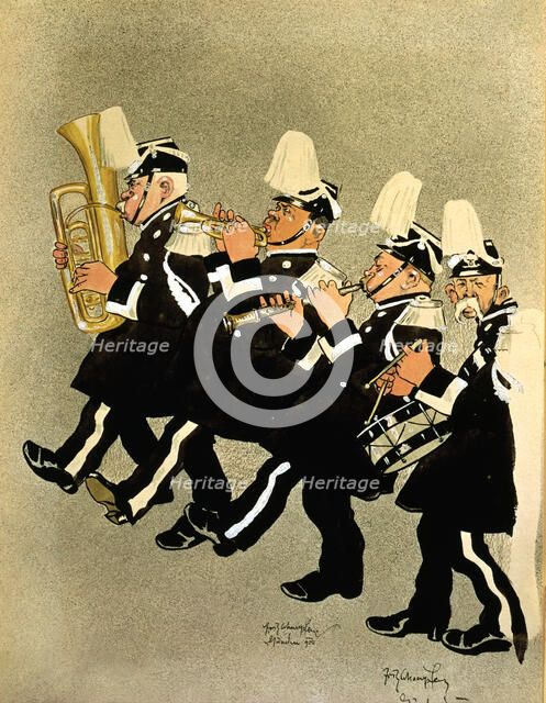 Military band, caricature, 1900.