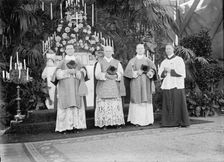 Military Field Mass By Holy Name Soc. of Roman Catholic Church, officiating Priests..., 1910. Creator: Harris & Ewing