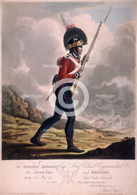Military figure in the uniform of the eleventh regiment of the Loyal London Volunteers, 1804. Artist: Anon