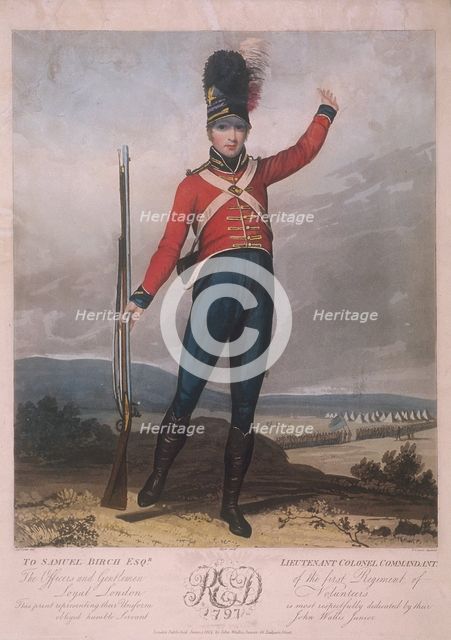 Military figure wearing the uniform of the first regiment of Loyal London Volunteers, 1797. Artist: J Green