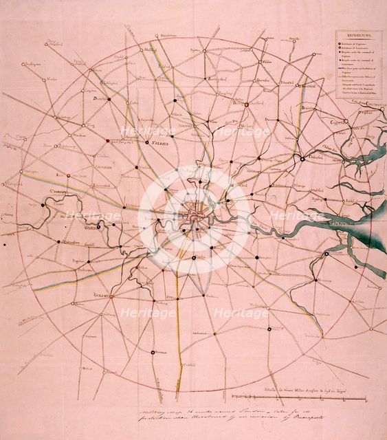 Military map of a thirty six mile area around London, c1804. Artist: Anon