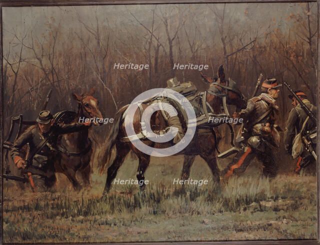 Military scene: mobile units leading ambulance mules (fragment of the panorama of Champigny), 1881. Creator: Jean Baptiste Edouard Detaille.