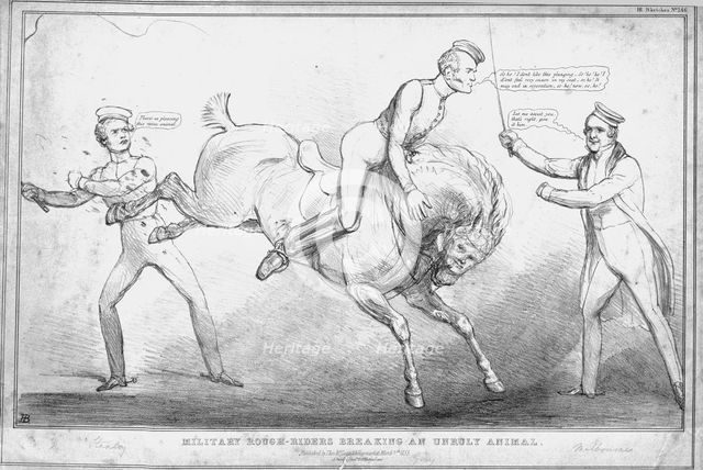 'Military Rough-Riders Breaking an Unruly Animal', 1833. Creator: John Doyle.