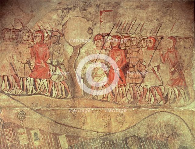 Military retinue against Almogavars, mural Painting in the old Royal Palace in Barcelona, known a…