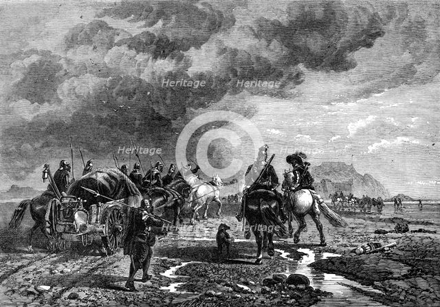 "Military Train Crossing The Sands...In The Time Of The Civil War," by R. Beavis..., 1865.  Creator: Mason Jackson.
