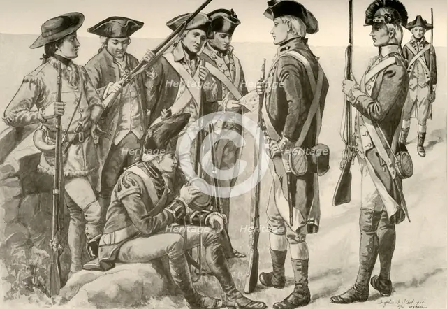 'Military Uniforms in America', c1770, (1937). Creator: Unknown.