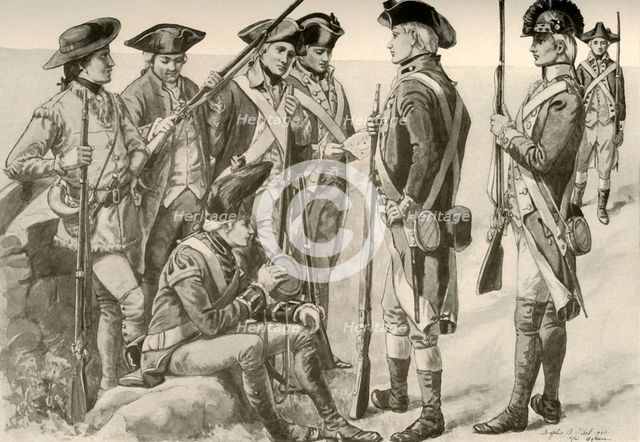 'Military Uniforms in America', c1770, (1937). Creator: Unknown.