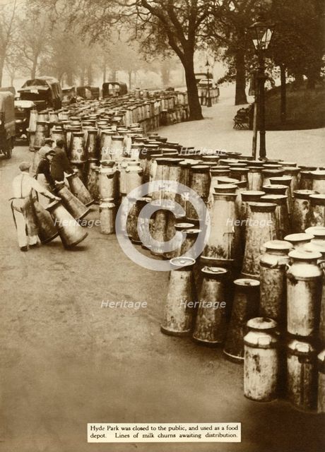 Milk churns at Hyde Park during the General Strike, London, 1926, (1935). Creator: Unknown.