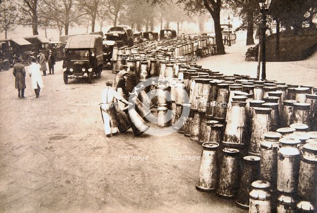 Milk churns being delivered to Hyde Park, London, during the General Strike, 8 May 1926. Creator: Unknown.