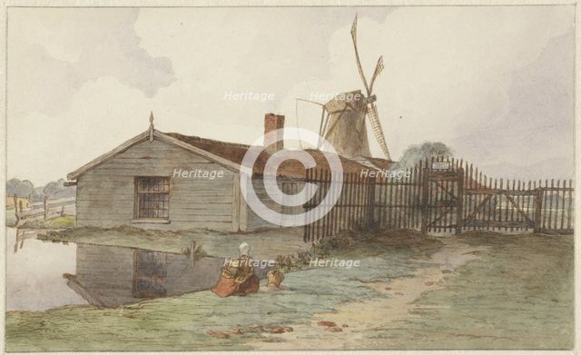 Mill with wooden buildings near Amsterdam, 1859. Creator: Hendrik Abraham Klinkhamer.
