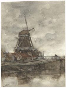 Mill and the bridge at the North-West-Buitensingel in The Hague, 1877. Creator: Jacob Henricus Maris