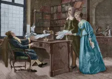 Milton selling the manuscript of his poem "Paradise Lost" to a publisher. 1667 (1881). Creator: Unknown