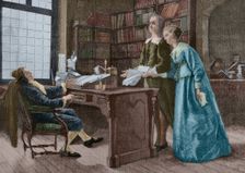Milton selling the manuscript of his poem "Paradise Lost" to a publisher. 1667 (1881). Creator: Unknown