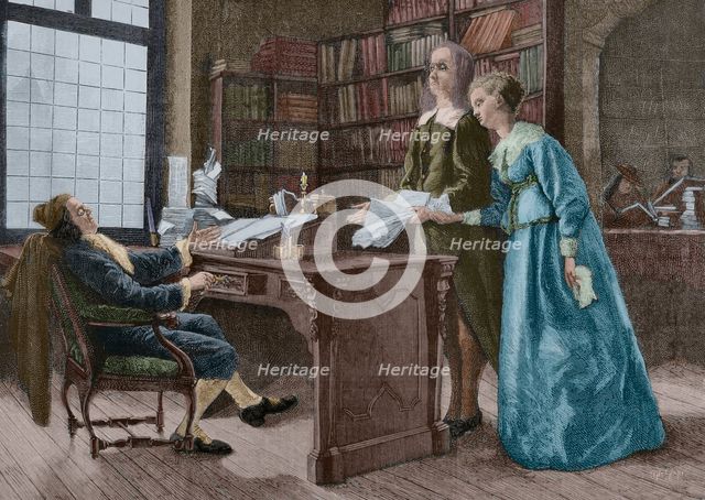 Milton selling the manuscript of his poem "Paradise Lost" to a publisher. 1667 (1881). Creator: Unknown.