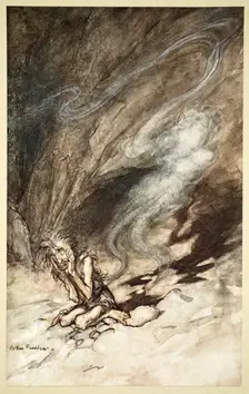 Mime writhes under the lashes he receives 1910. Creator: Arthur Rackham