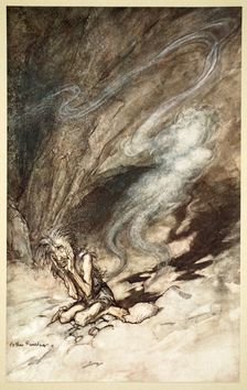 Mime writhes under the lashes he receives 1910. Creator: Arthur Rackham