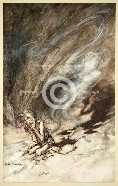 'Mime writhes under the lashes he receives', 1910.  Creator: Arthur Rackham.