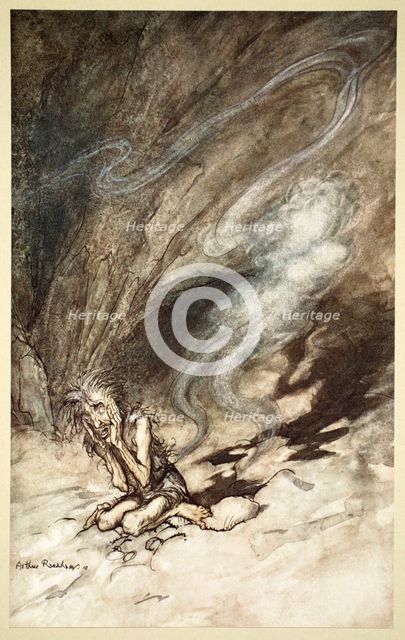'Mime writhes under the lashes he receives', 1910.  Creator: Arthur Rackham.