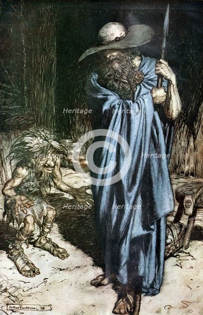 Mime and the Wanderer. Illustration for Siegfried and The Twilight of the Gods by Richard Wagner,  Artist: Rackham, Arthur (1867-1939)