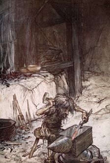 Mime at the anvil 1924. Creator: Arthur Rackham