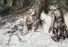 Mime finds the mother of Siegfried in the forest 1924. Creator: Arthur Rackham