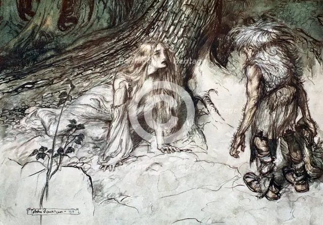 'Mime finds the mother of Siegfried in the forest', 1924.  Creator: Arthur Rackham.