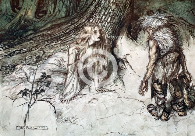 'Mime finds the mother of Siegfried in the forest', 1924.  Creator: Arthur Rackham.