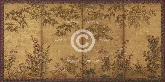 Mimosa tree, poppies and other summer flowers, Edo period, 1630-1670. Creator: Tawaraya Sosetsu.