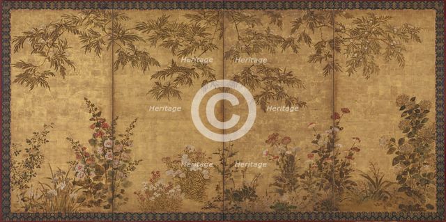 Mimosa tree, poppies and other summer flowers, Edo period, 1630-1670. Creator: Tawaraya Sosetsu.