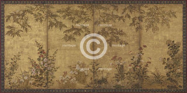 Mimosa tree, poppies and other summer flowers, Edo period, 1630-1670. Creator: Tawaraya Sosetsu.