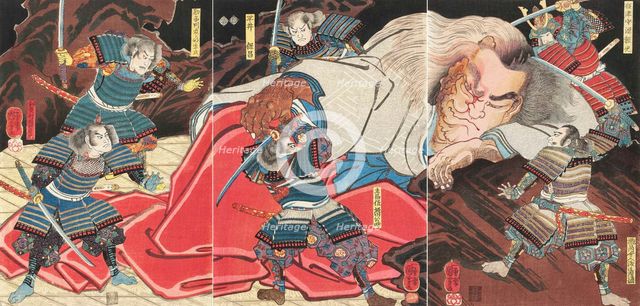 Minamoto no Yorimitsu and his retainers attacking the drunken monster Shuten-doji on mount Oe, 1851.