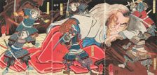 Minamoto no Yorimitsu and his retainers attacking the drunken monster Shuten-doji on mount Oe, 1851