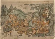 Minamoto no Yoritomo Hiding in a Tree, c. 1758. Creator: Torii Kiyoshige