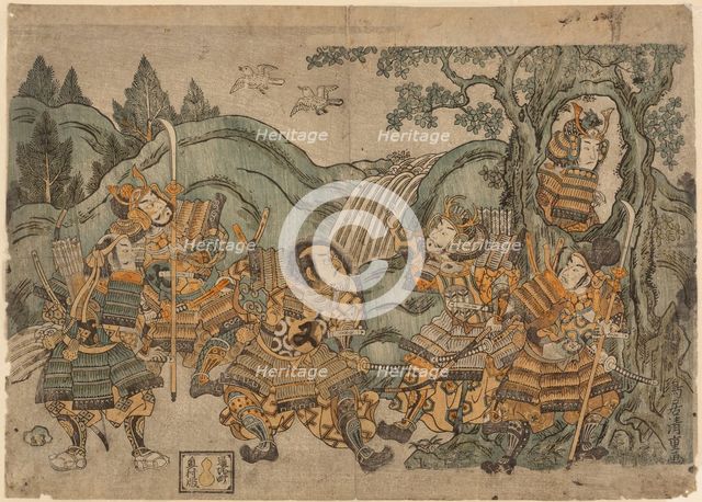 Minamoto no Yoritomo Hiding in a Tree, c. 1758. Creator: Torii Kiyoshige.