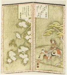 Minamoto no Yoshiie on horseback and a bird on a branch, from an untitled hexaptych..., c. 1825. Creator: Shinsai