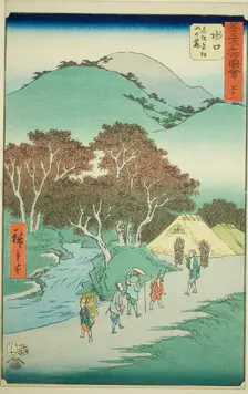 Minakuchi: The Famous Pines at the Foot of Mount Hiramatsu (Minakuchi, meisho Hiramatsu ya..., 1855. Creator: Ando Hiroshige