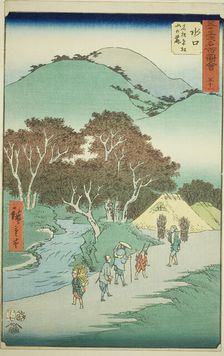Minakuchi: The Famous Pines at the Foot of Mount Hiramatsu (Minakuchi, meisho Hiramatsu ya..., 1855. Creator: Ando Hiroshige