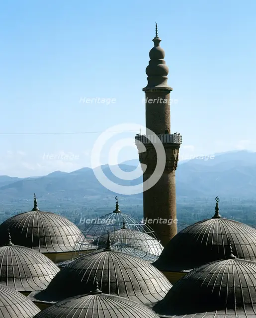 Minaret and domes, Great Mosque of Bursa (Ulu Camii), Bursa, Turkey, 1999. Creator: LTL.