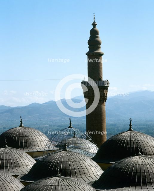 Minaret and domes, Great Mosque of Bursa (Ulu Camii), Bursa, Turkey, 1999. Creator: LTL.