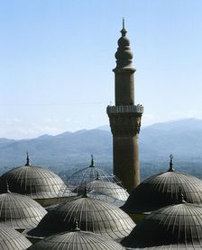 Minaret and domes, Great Mosque of Bursa (Ulu Camii), Bursa, Turkey, 1999. Creator: LTL