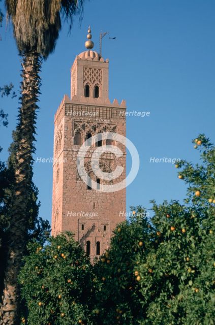 Minaret of the Koutoubia Mosque, Marakesh, Morocco.  Creator: Vivienne Sharp.